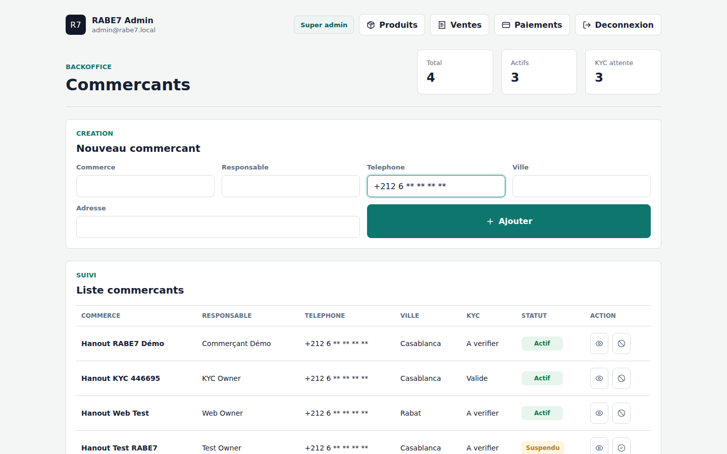 Page de gestion des commercants avec telephones masques