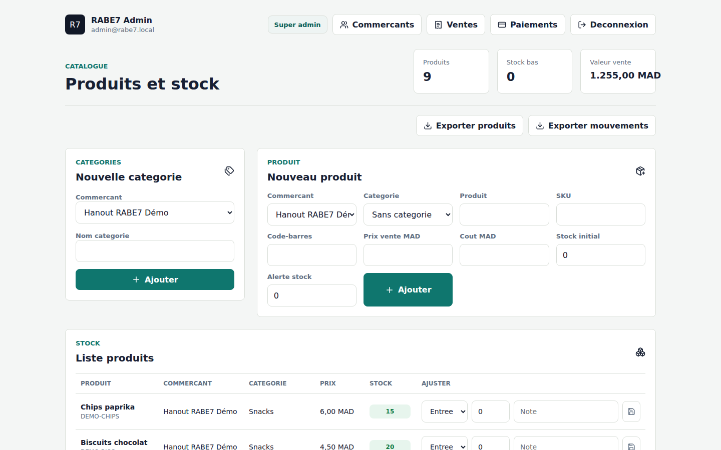 Page produits et stock du backoffice WinWin