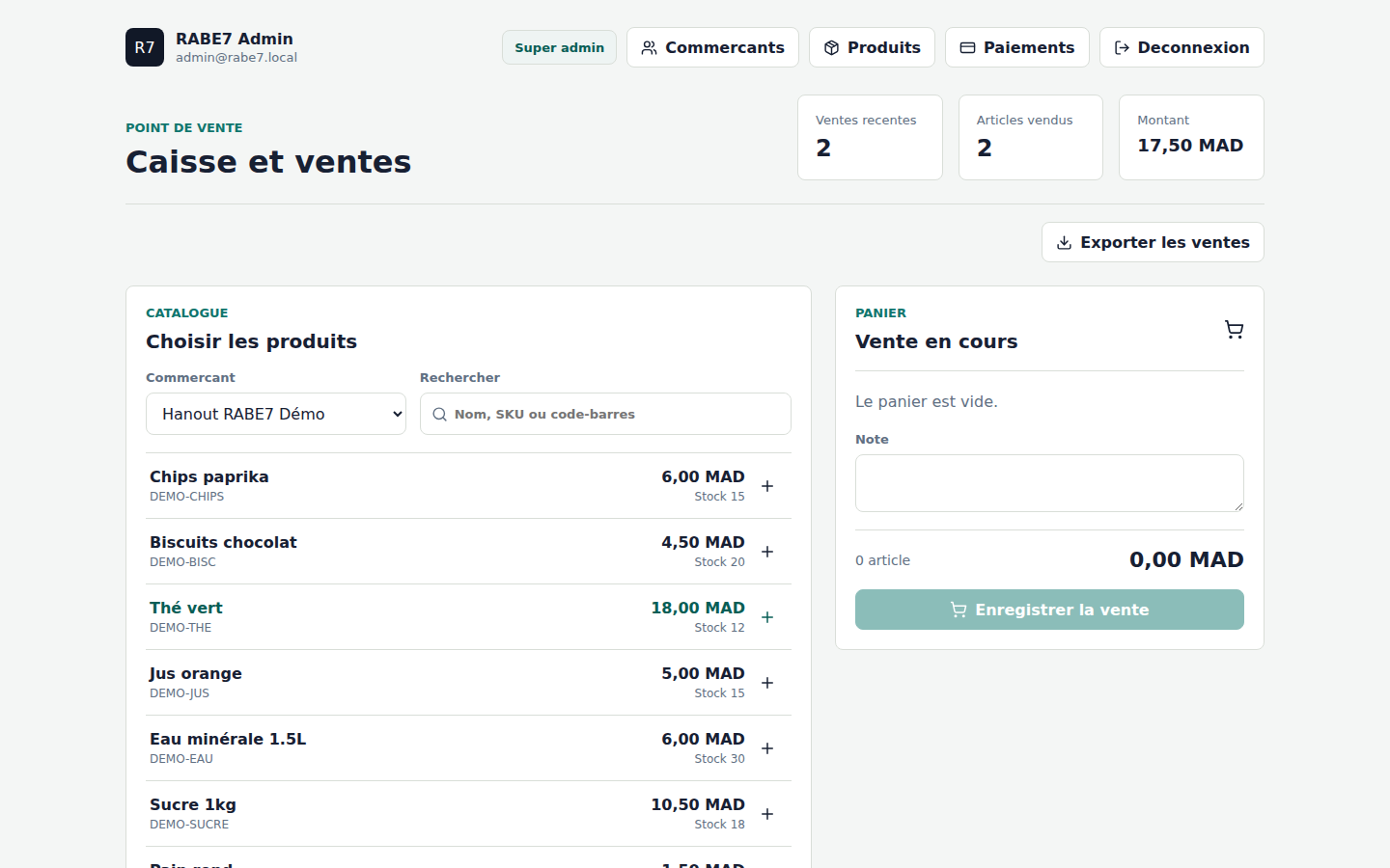 Page caisse et ventes du backoffice WinWin