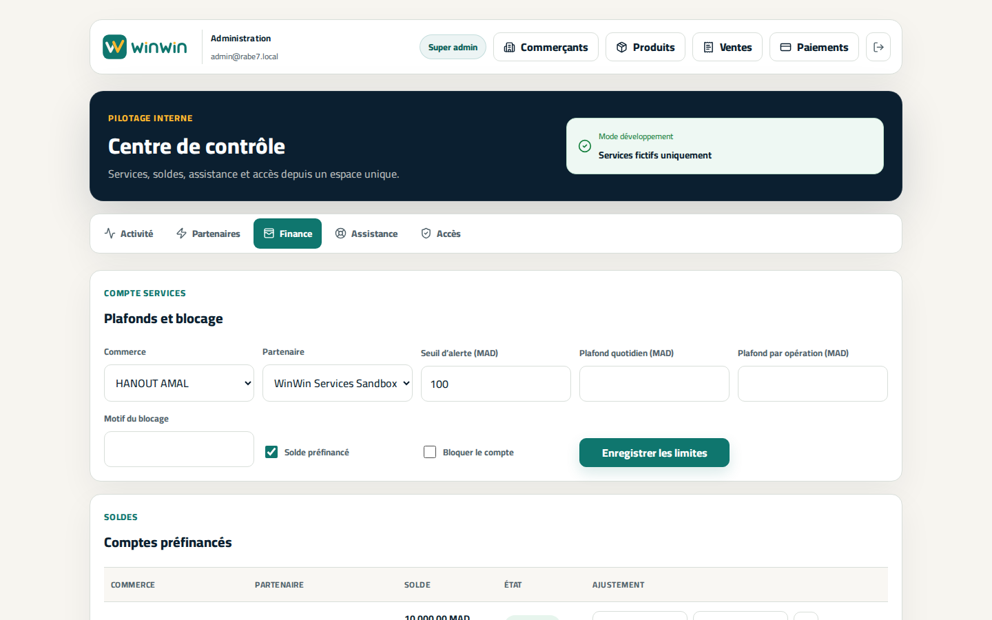 Centre de controle financier WinWin avec comptes prefinances