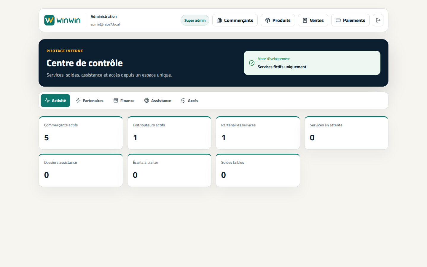 Apercu du centre de controle WinWin