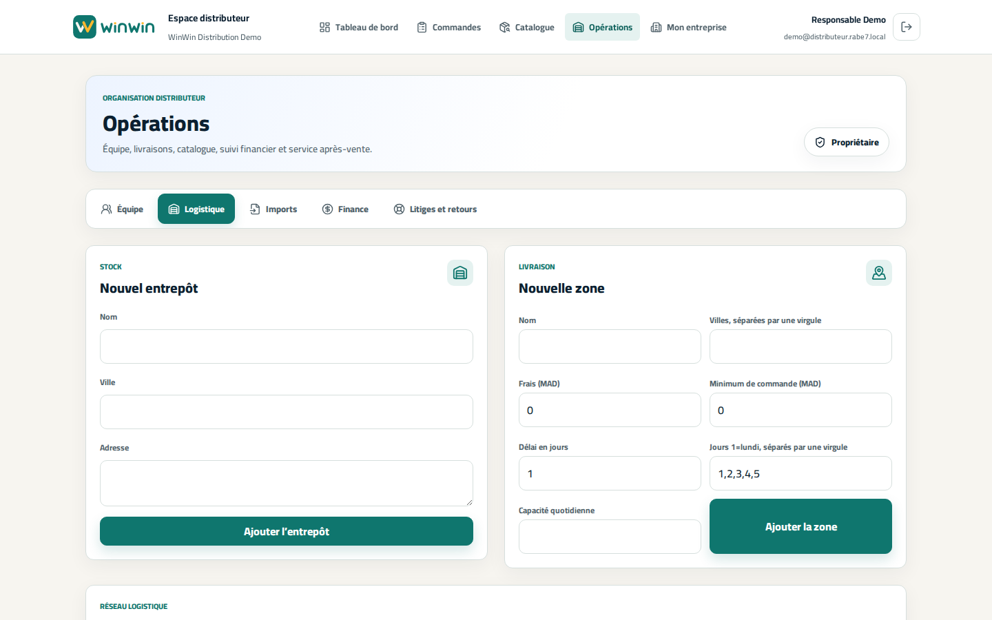 Entrepots et zones de livraison du portail distributeur WinWin