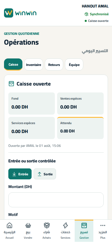 Operations de caisse, inventaire, retours et equipe dans WinWin POS